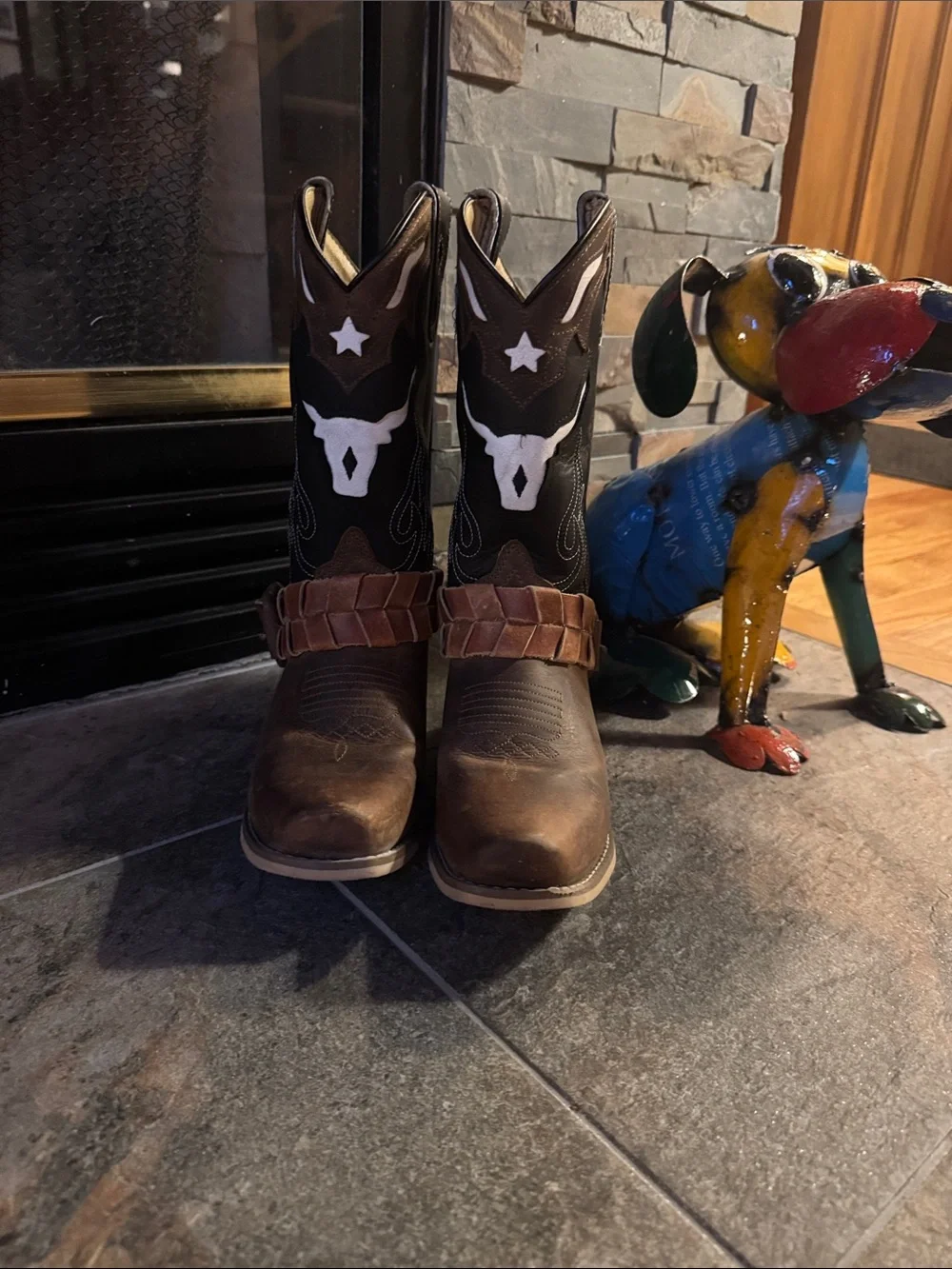 Kids Brown & Black Western Cowboy Boots with Star and Steer Design